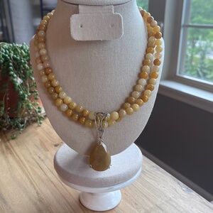 Vintage yellow opal double strand necklace with pear shaped stone pendant 925